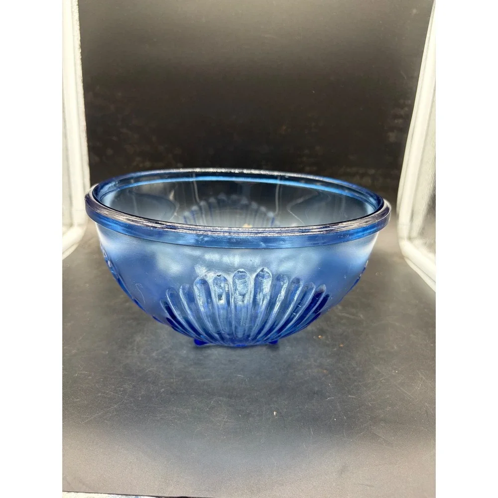 Vintage Federal Glass Cobalt Blue Satin Frosted Celestial Footed Bowl 8.5